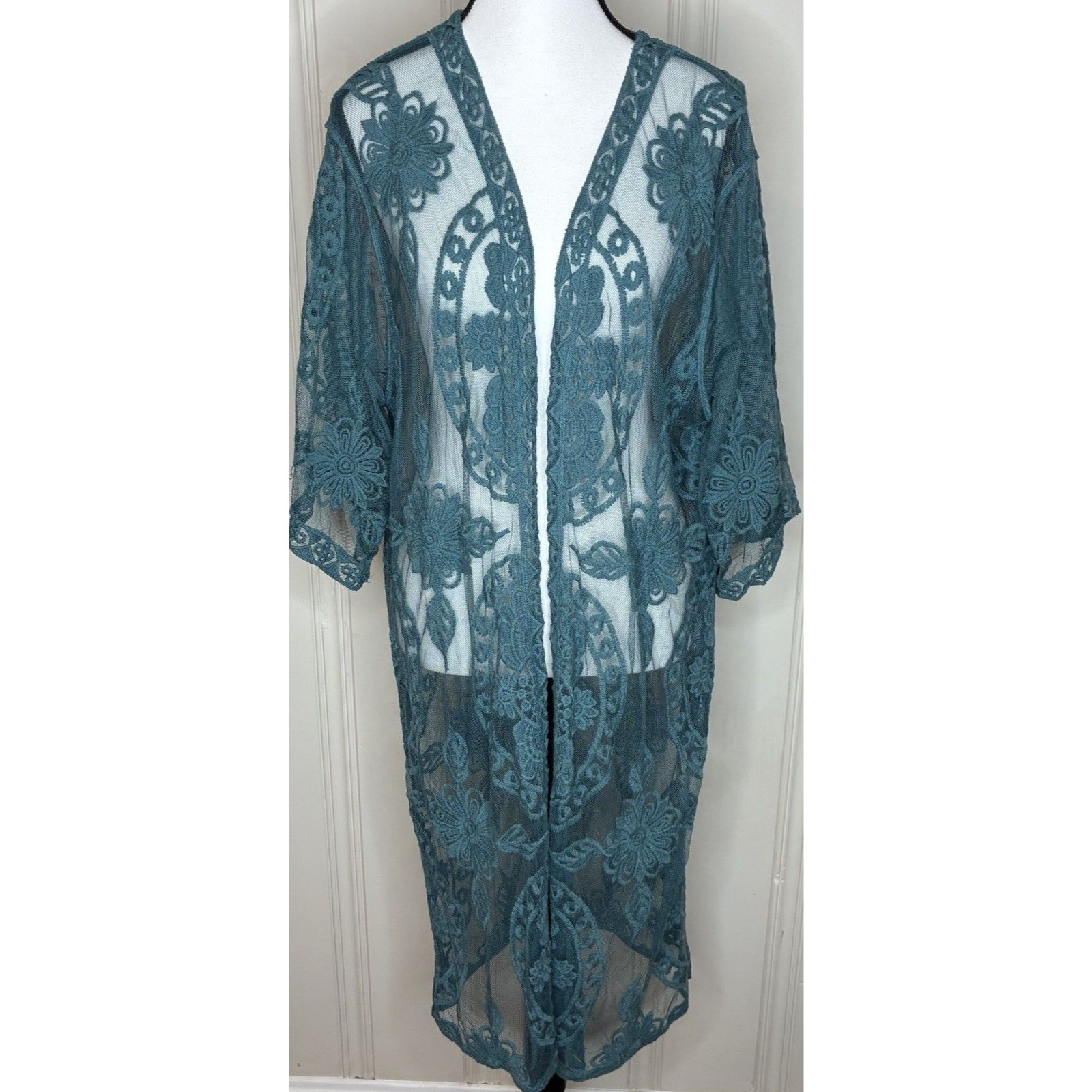 Teal Embroidered Mesh Lace Duster Kimono Sz L/Xl Open Front Cardigan Boho Fairy